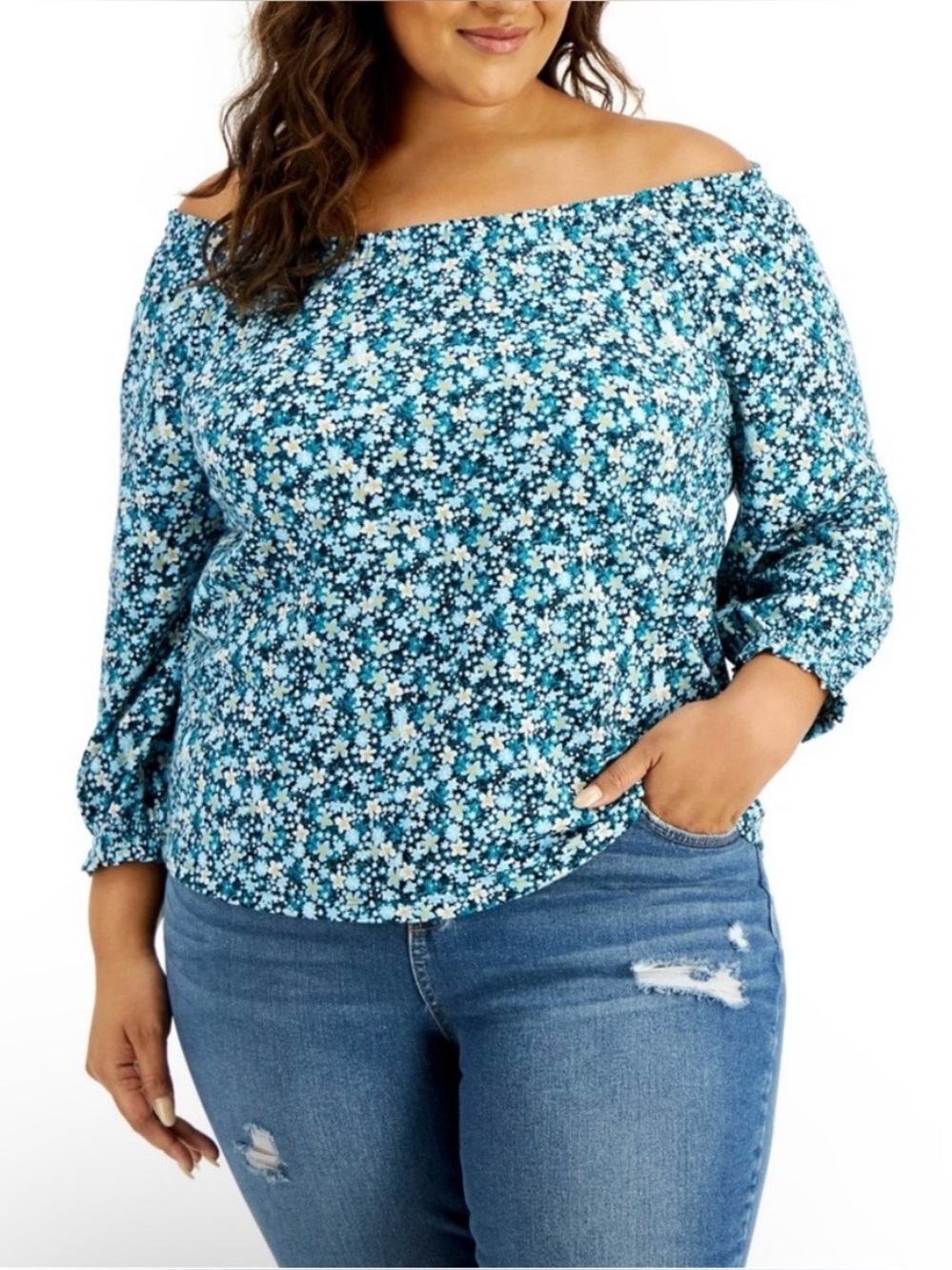 Style & Co 2x Plus Size Off-Shoulder Floral Blouse in Teal Blue